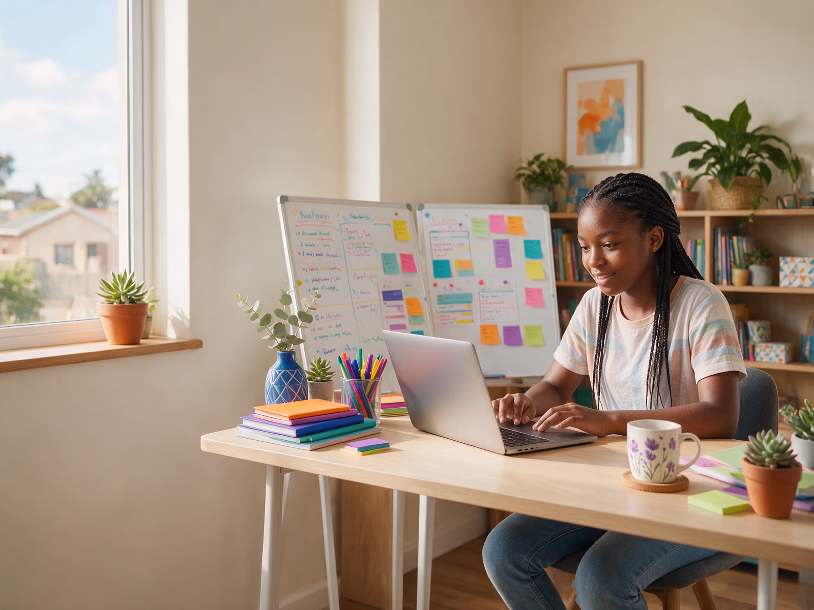 South African learner using colourful study tools while working at a desk